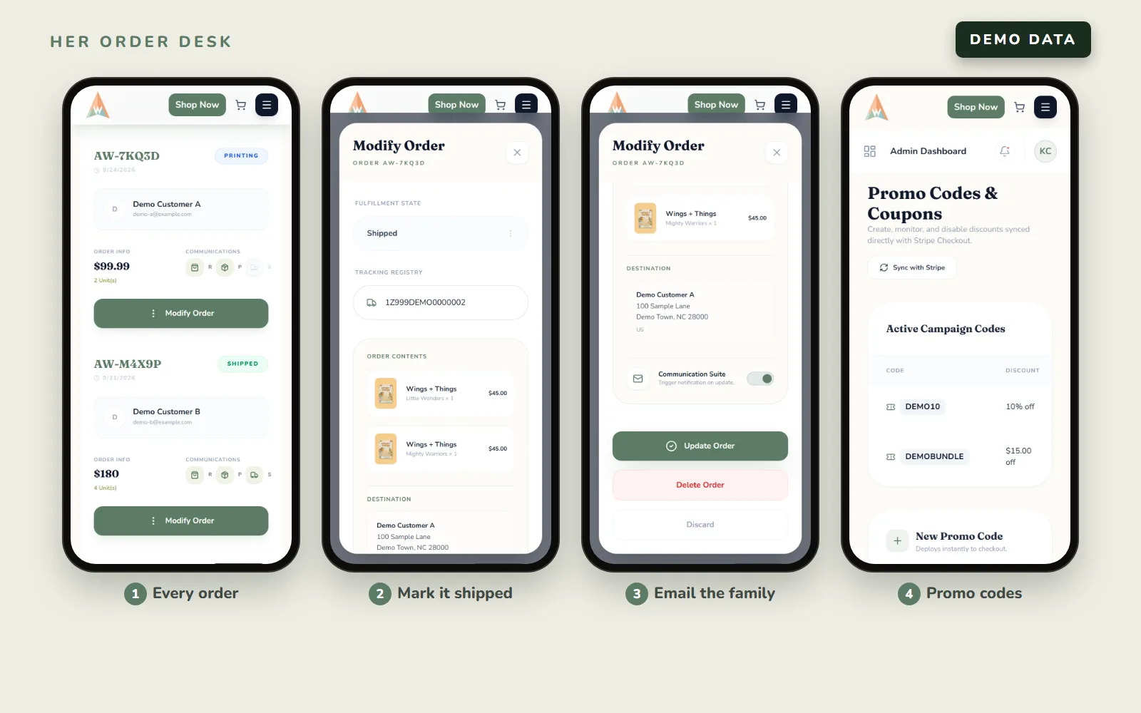 Four phone screens of the owner dashboard with demo data: the order list with Printing and Shipped badges, the Modify Order window set to Shipped with a demo tracking number, the email toggle and Update Order button, and the promo codes list with DEMO10 and DEMOBUNDLE.