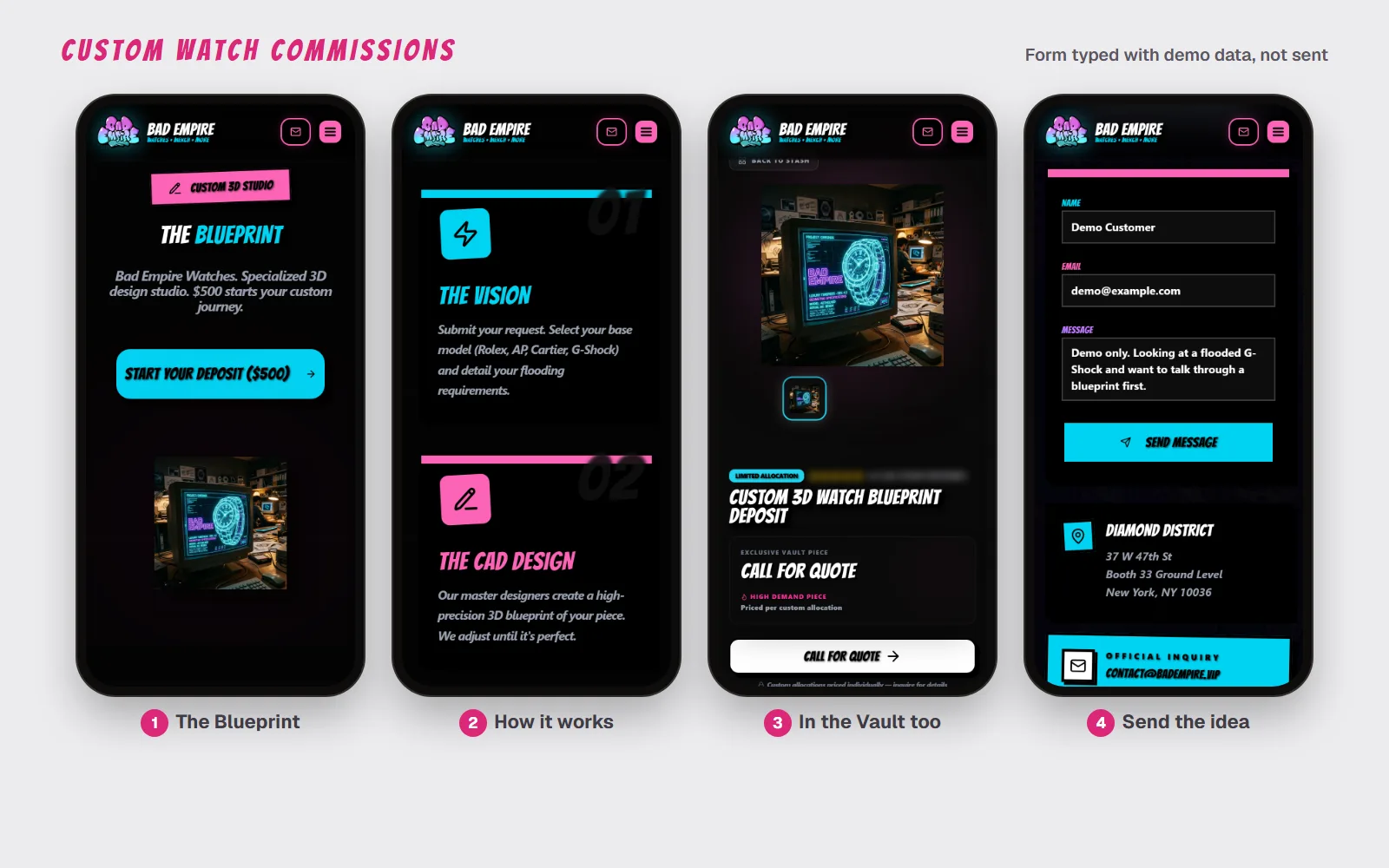 Four phone screens: The Blueprint custom 3D studio page, its Vision and CAD Design steps, the Custom 3D Watch Blueprint Deposit piece in The Vault with Call for Quote, and the contact form typed with demo data (Demo Customer, demo@example.com), not sent.