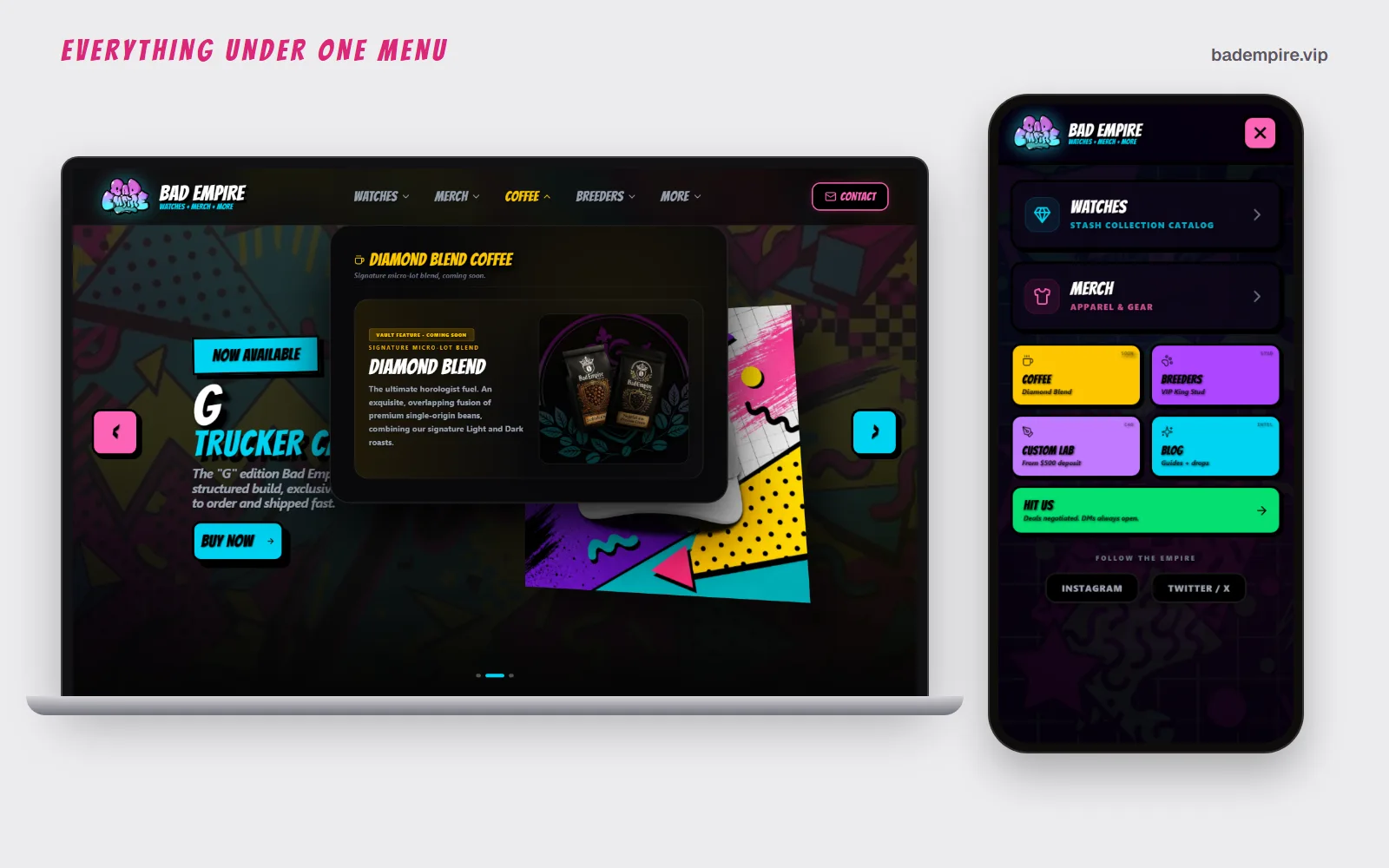 The badempire.vip home page on a laptop with the Coffee menu open, showing Diamond Blend marked coming soon, next to the phone menu with Watches, Merch, Coffee, Breeders, Custom Lab, Blog and Hit Us tiles.