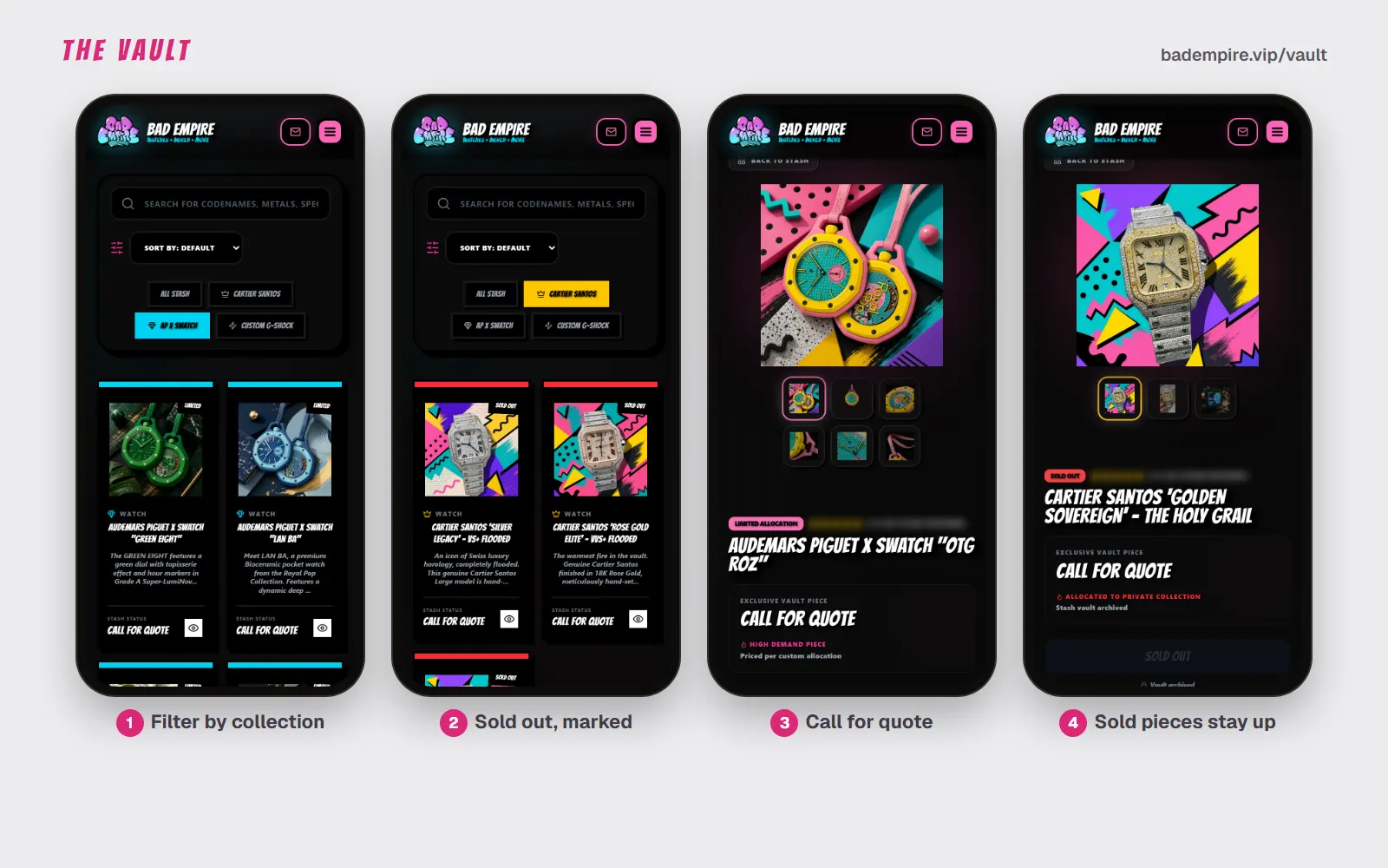 Four phone screens of The Vault: the AP x Swatch filter showing two pocket watches with Call for Quote, the Cartier Santos filter with each piece marked sold out, the Audemars Piguet x Swatch OTG Roz page with its Call for Quote button, and the Cartier Santos Golden Sovereign page with a disabled Sold Out button. The star rating line is blurred.