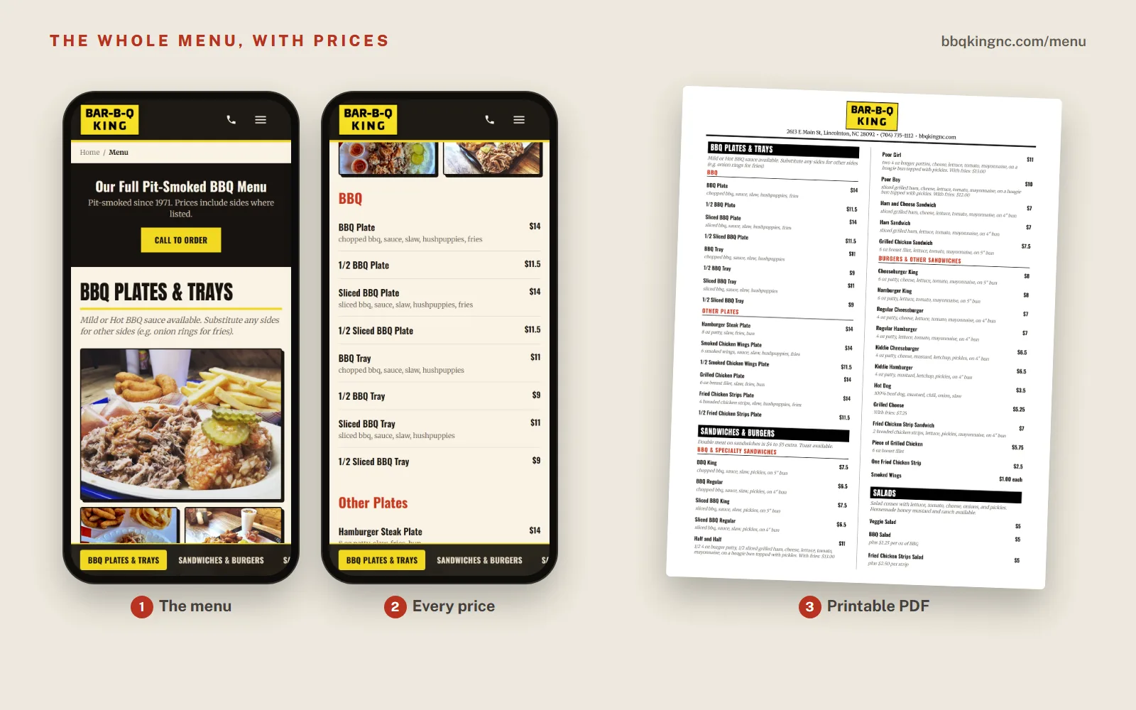 The Bar-B-Q King menu on two phones, showing BBQ Plates and Trays with prices from $9 to $14, and the first page of the printable PDF menu.