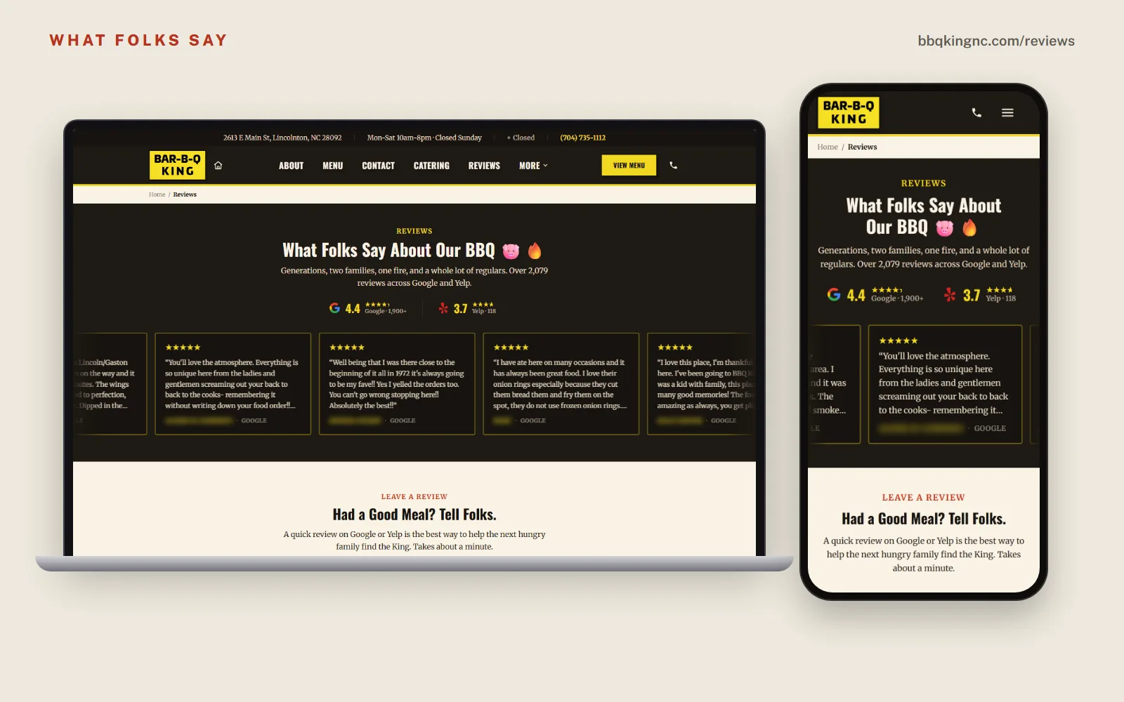 The Bar-B-Q King reviews page on a laptop and a phone: a 4.4 Google rating from 1,900 plus reviews, a 3.7 Yelp rating, and a row of five star review cards with reviewer names blurred.