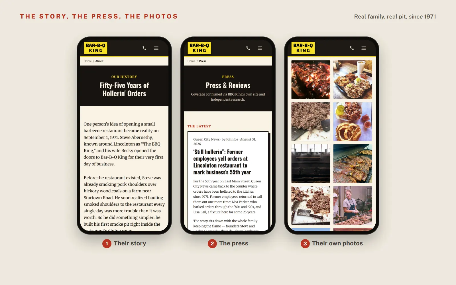 Three phone screens: the Fifty-Five Years of Hollerin' Orders history page, the Press and Reviews page led by a Queen City News story on the 55th year, and a grid of the restaurant's own photos of ribs, chopped BBQ, onion rings and the pit.