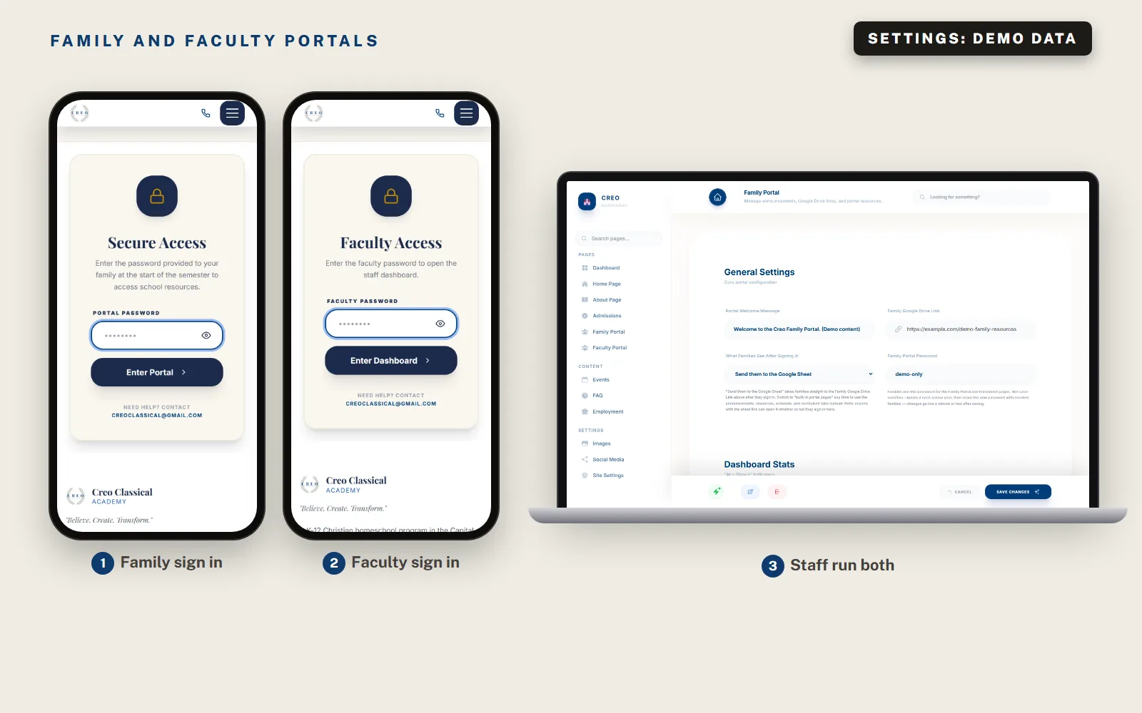 The public family and faculty sign in screens on two phones, and the admin page where staff set the family portal welcome message, link, landing choice and password. The admin settings are demo data.