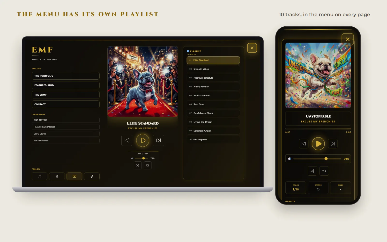 The open menu on a laptop, with page links on the left, a music player showing the album art for Elite Standard in the middle and a 10 track playlist on the right. A phone shows the mobile version of the player.