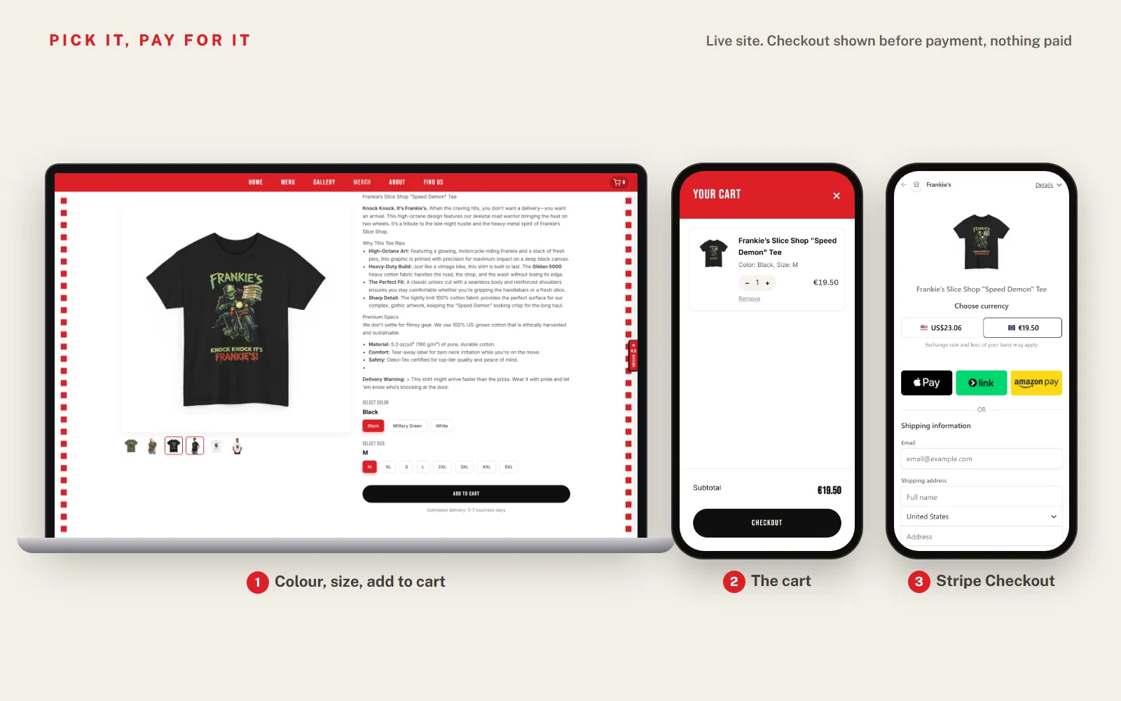 Buying the Speed Demon tee: black in medium picked on the product page, the tee in the cart at 19.50 euro, and the Stripe Checkout page before anything is entered. Live site, nothing paid.