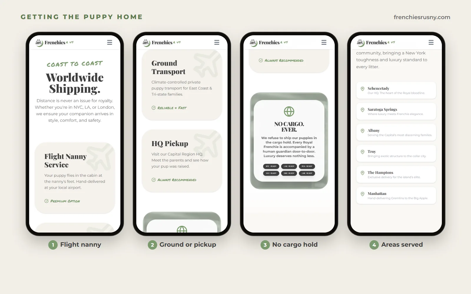 Four phone screens: the Flight Nanny Service card, the Ground Transport and HQ Pickup cards, the No Cargo Ever panel, and the list of towns served from Schenectady to Manhattan.