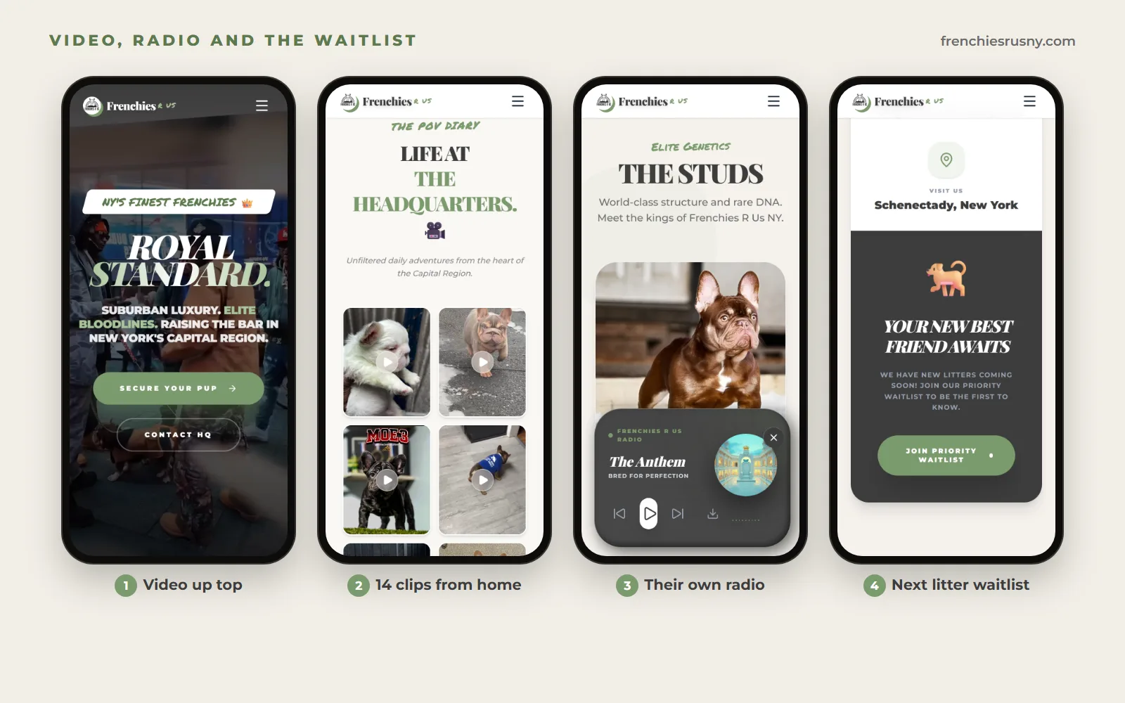 Four phone screens: the Royal Standard homepage over its background video, the Life at the Headquarters video gallery, the Frenchies R Us Radio player opened on The Anthem, and the Join Priority Waitlist button.