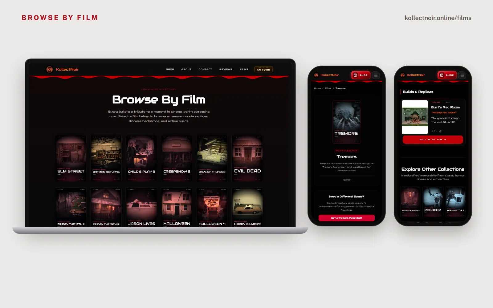 The Browse By Film page on a laptop with film cards for Elm Street, Batman Returns, Child's Play 3 and more, and two phone screens of the Tremors film page with the Burt's Rec Room build.