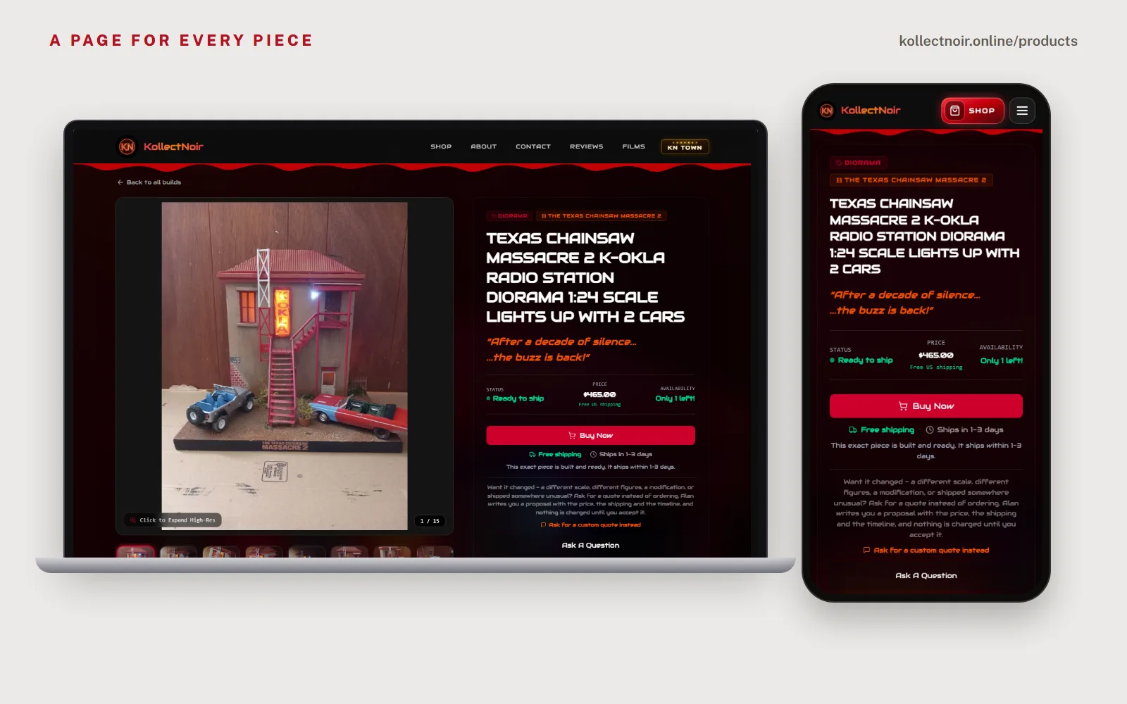 The K-OKLA Radio Station diorama page from Texas Chainsaw Massacre 2 on a laptop and a phone: the lit build photo, a $465 price with free US shipping, ready to ship, and the Buy Now button.