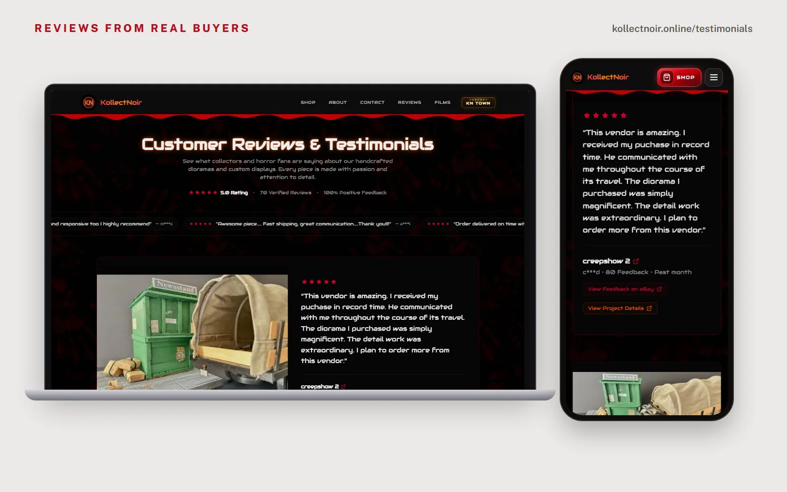 The KollectNoir reviews page on a laptop with a 5.0 rating, a scrolling strip of short buyer quotes and a featured review, and a phone showing one review with links to the eBay feedback and the build.
