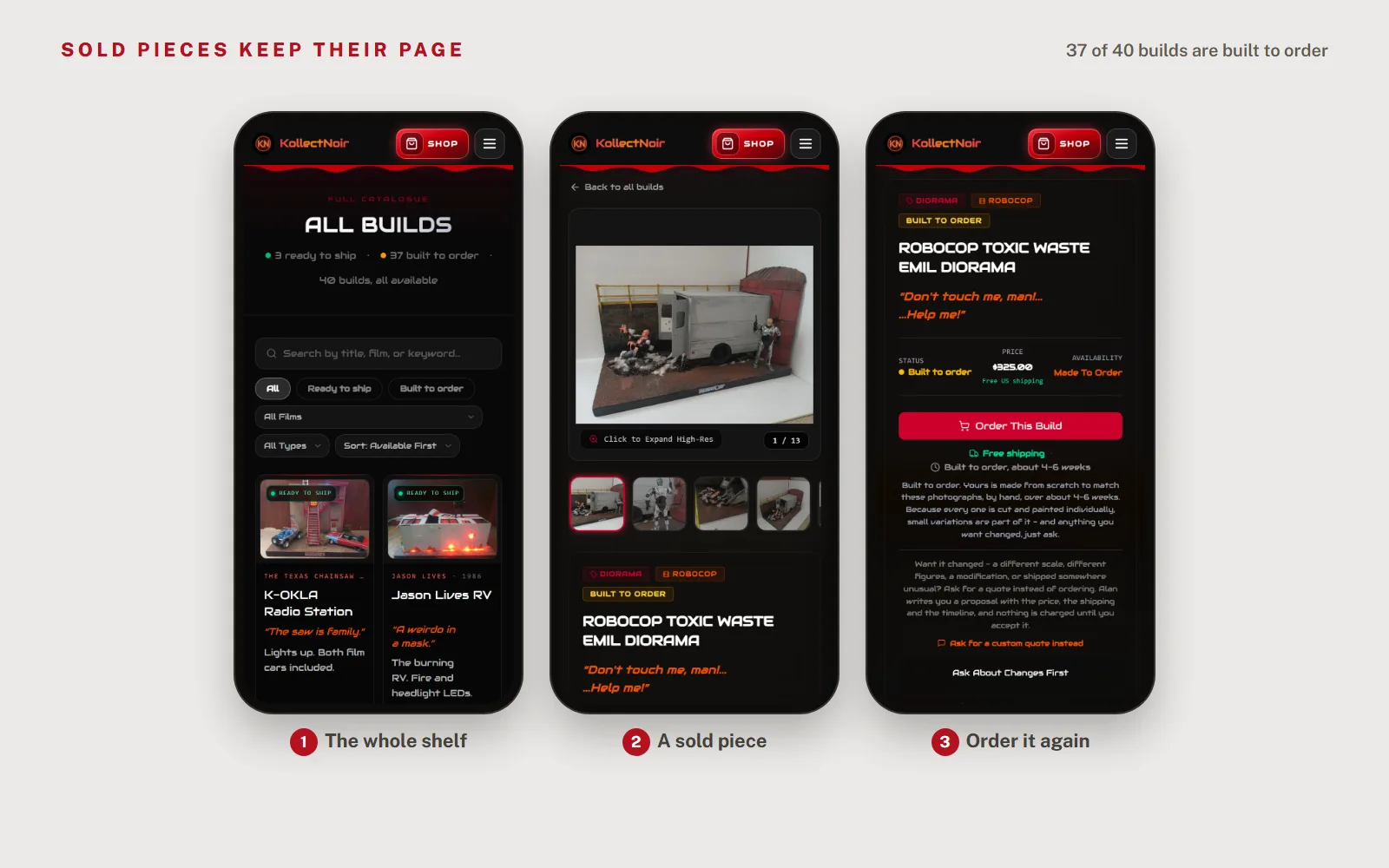 Three phone screens: the All Builds page showing 3 ready to ship and 37 built to order, the sold RoboCop Toxic Waste Emil diorama page, and its Order This Build button with a 4 to 6 week build time.
