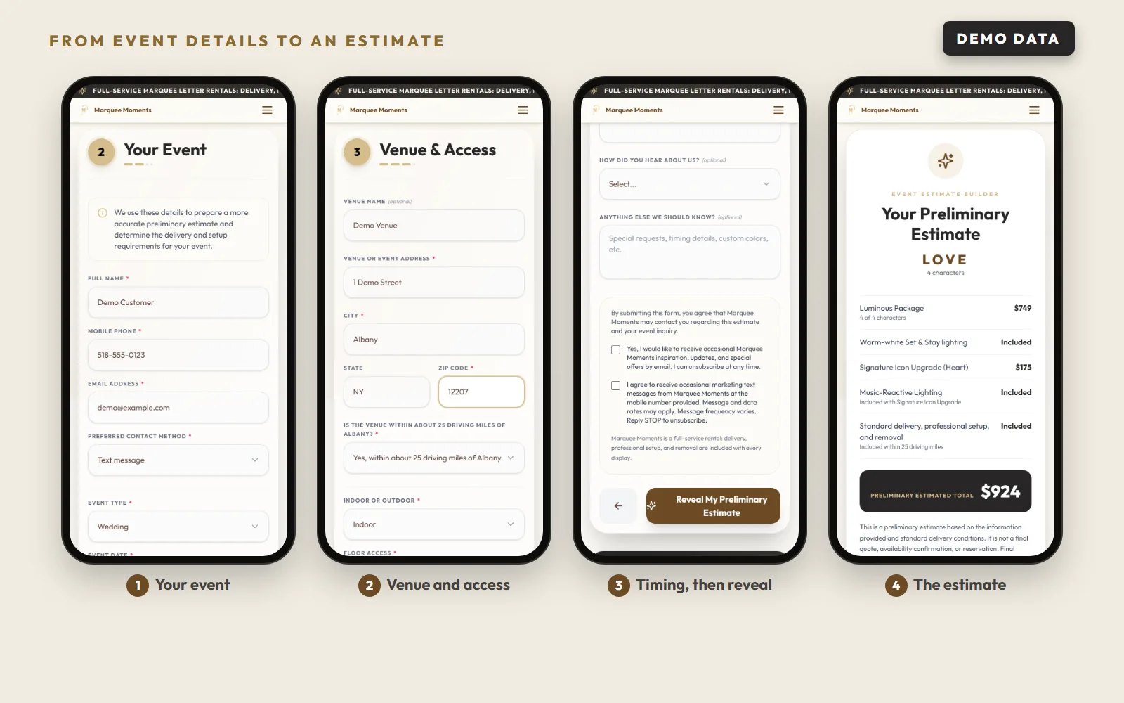 Four phone screens of the estimate builder filled in with demo data: event details, venue and access questions, the consent box with the Reveal My Preliminary Estimate button, and a $924 preliminary estimate for LOVE with a heart icon. Run on a local copy, nothing sent.
