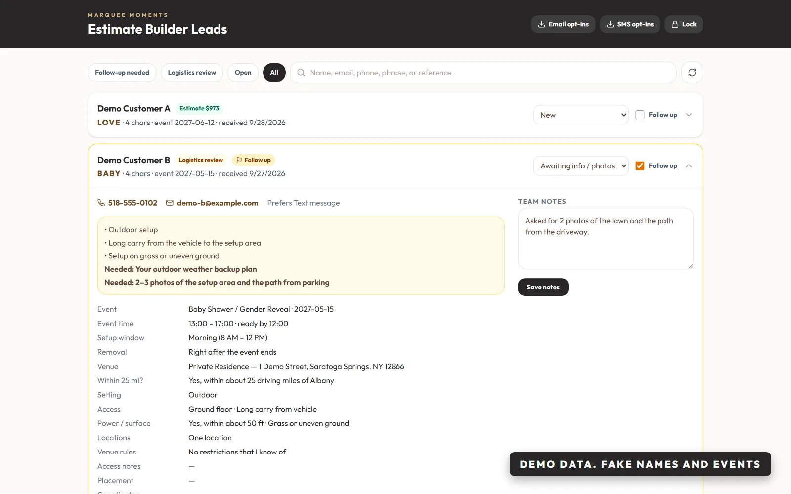 The Estimate Builder Leads page on a desktop with demo leads: filter tabs, one lead with a $973 estimate, and an opened lead flagged for logistics review with its venue answers, the photos still needed, a status of awaiting info and team notes. Demo data with fake names.