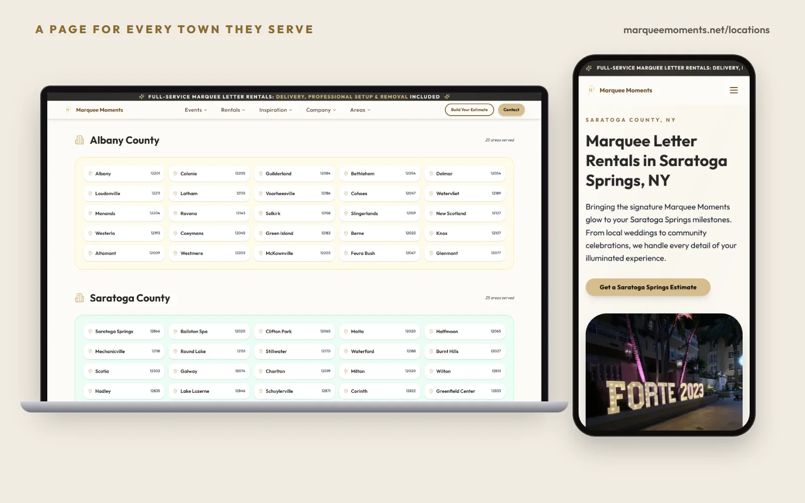 The service area page on a laptop listing Albany County and Saratoga County towns with their ZIP codes, and the Saratoga Springs town page on a phone with a Get a Saratoga Springs Estimate button.