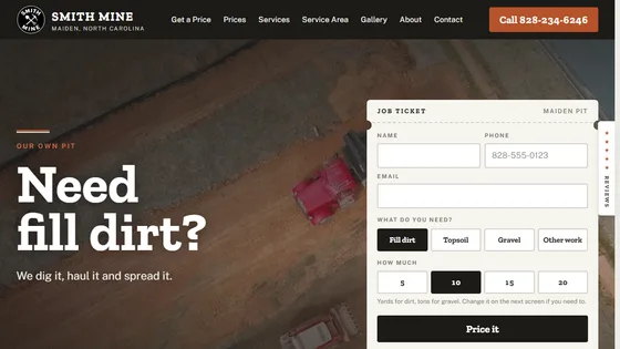 The Smith Mine website homepage, with the fill dirt price form beside an aerial photo of the pit in Maiden